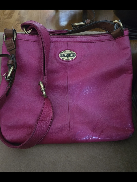 Fossil Handbags - Fossil Women's Leather Crossbody Bag in Bright Fuchsia Pink with Brown Trim